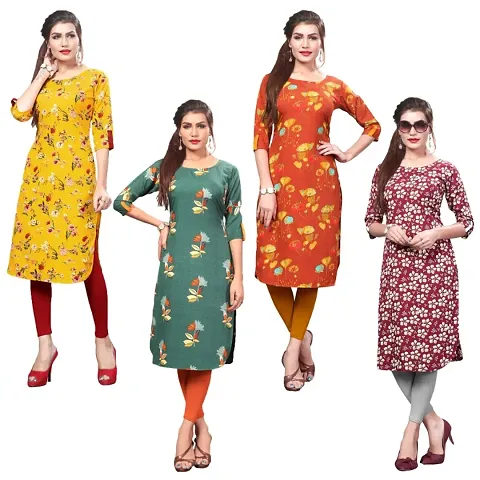 Attractive Printed Full-Stitched Crepe Straight Kurta (Combo Pack Of 4)