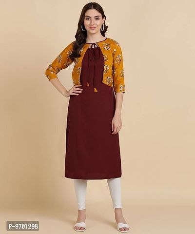 Womens Plain Crepe Straight Kurti with Printed Koti ( Jacket)-thumb0