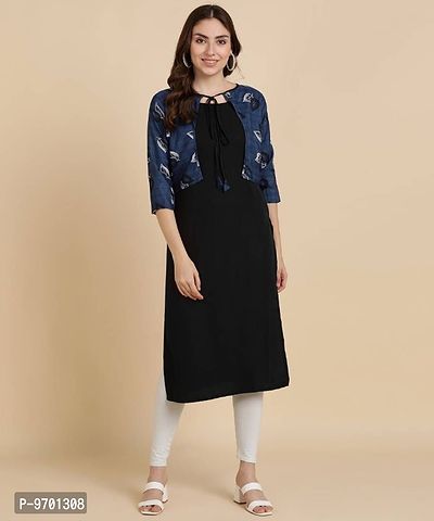 Womens Plain Crepe Straight Kurti with Printed Koti ( Jacket)-thumb0