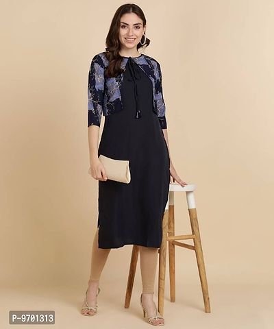 Womens Plain Crepe Straight Kurti with Printed Koti ( Jacket)