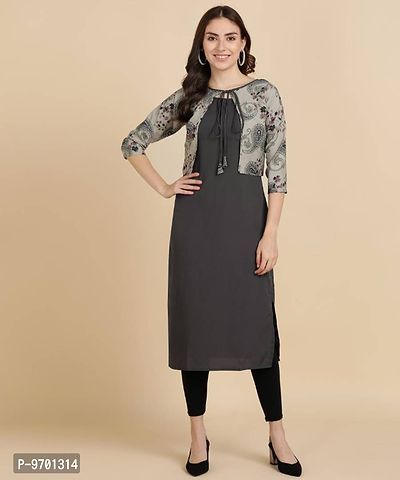 Womens Plain Crepe Straight Kurti with Printed Koti ( Jacket)