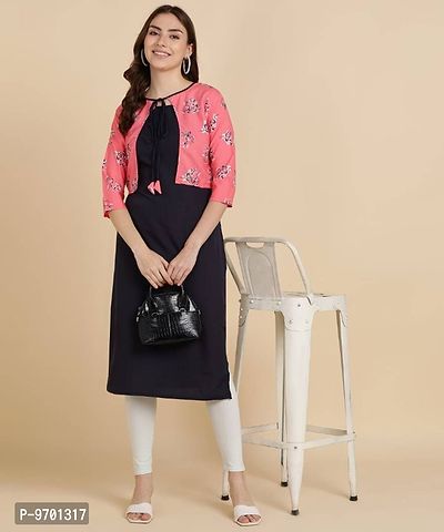 Womens Plain Crepe Straight Kurti with Printed Koti ( Jacket)