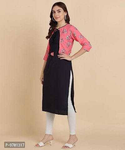 Womens Plain Crepe Straight Kurti with Printed Koti ( Jacket)-thumb3