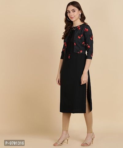 Womens Plain Crepe Straight Kurti with Printed Koti ( Jacket)-thumb3