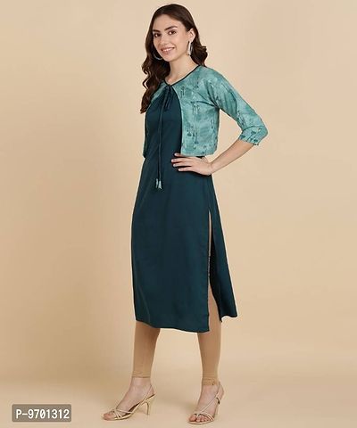 Womens Plain Crepe Straight Kurti with Printed Koti ( Jacket)-thumb3