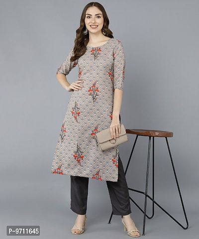 Kurti Pant Set for Women - Crepe Long Straight Printed Kurta with Pant