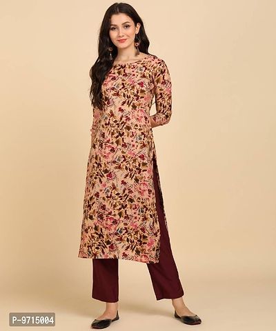 Kurti Pant Set for Women - Crepe Long Straight Printed Kurta with Pant