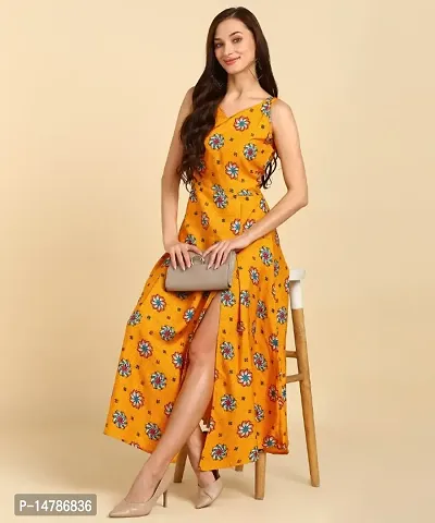 New Ethnic  4 You Women Printed Crepe Stitched Dress (Yellow)-thumb0