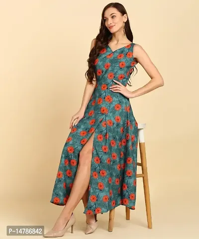 New Ethnic  4 You Women Printed Crepe Stitched Dress (Turquoise)