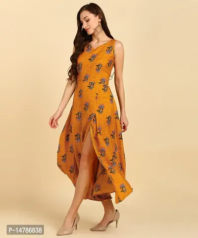 New Ethnic Printed Crepe Stitched Dress Yellow-thumb5