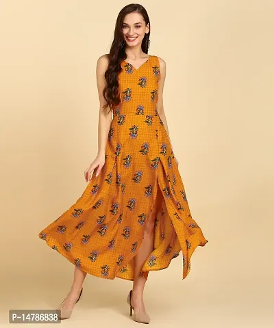 New Ethnic Printed Crepe Stitched Dress Yellow-thumb2