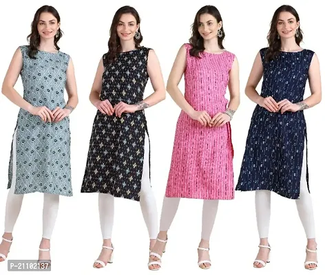 Womens Printed Crepe Sleeveless Kurti For Womens Pack Of 4