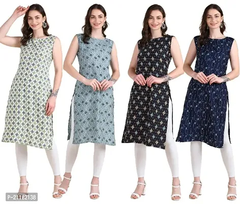 Womens Printed Crepe Sleeveless Kurti For Womens Pack Of 4