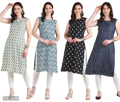 Womens Printed Crepe Sleeveless Kurti For Womens Pack Of 4