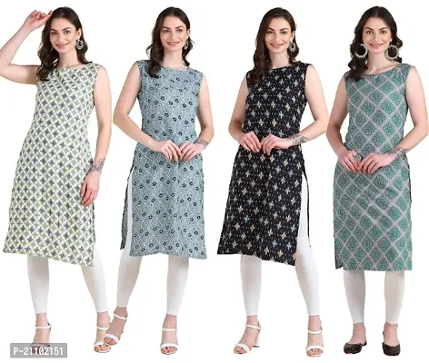 Womens Printed Crepe Sleeveless Kurti For Womens Pack Of 4-thumb0