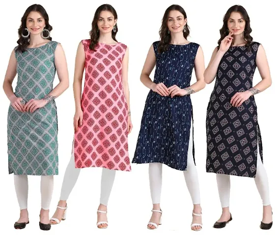 Womens Crepe Sleeveless Kurti For Womens Pack Of 4