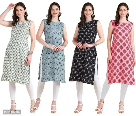 Womens Printed Crepe Sleeveless Kurti For Womens Pack Of 4-thumb0