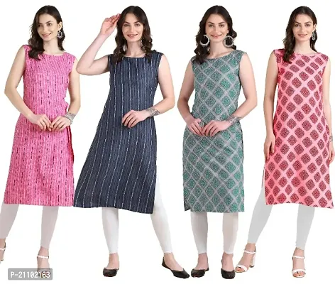 Womens Printed Crepe Sleeveless Kurti For Womens Pack Of 4