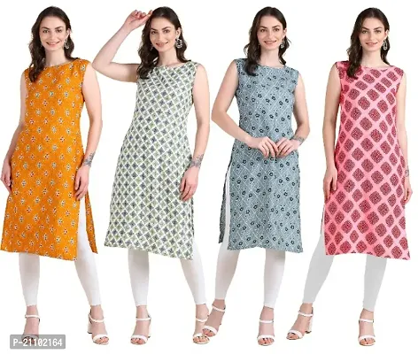 Womens Printed Crepe Sleeveless Kurti For Womens Pack Of 4