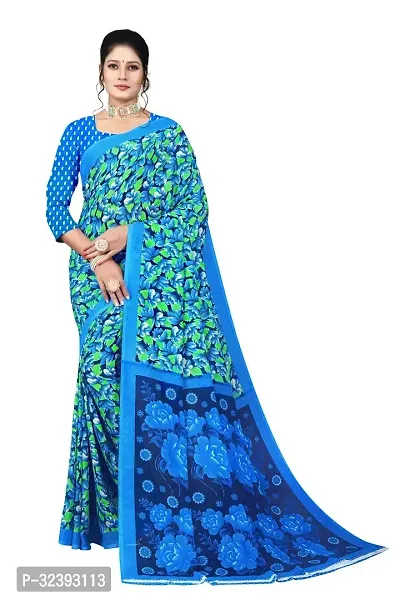 Beautiful Blue Cotton Silk Printed Saree With Blouse Piece For Women-thumb0