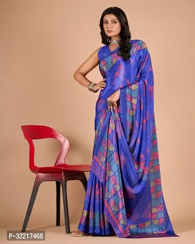 Stylish Blue Crepe Printed Saree with Blouse piece For Women-thumb0