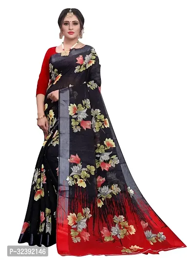 Beautiful Black Cotton Blend Printed Saree With Blouse Piece For Women