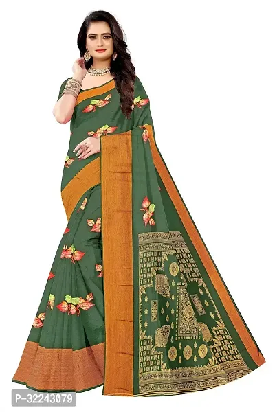 Stylish Green Chiffon Printed Saree With Blouse Piece For Women