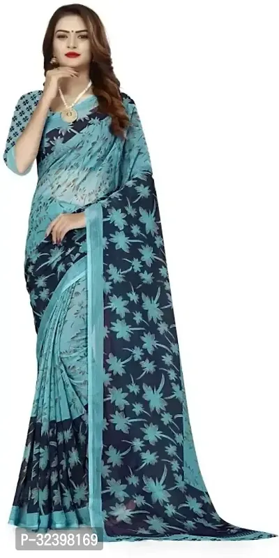 Stylish Blue Georgette Printed Saree with Blouse piece For Women-thumb0