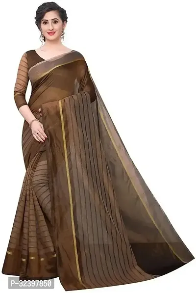 Stylish Brown Cotton Silk Striped Saree with Blouse piece For Women-thumb0