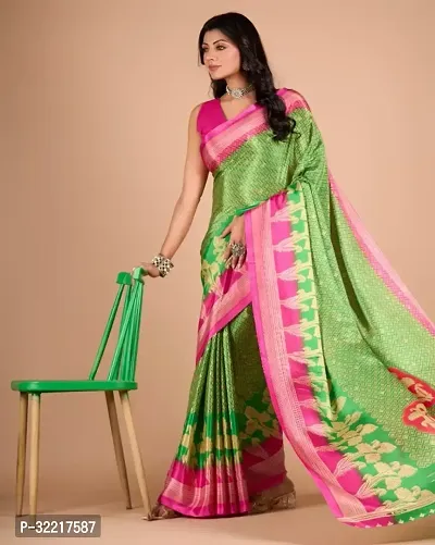 Stylish Green Crepe Printed Saree with Blouse piece For Women-thumb0