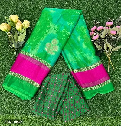 Elegant Green Silk Blend Saree with Blouse piece For Women-thumb0