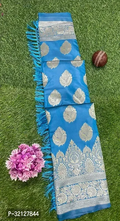 Elegant Blue Silk Blend Saree with Blouse piece For Women-thumb0