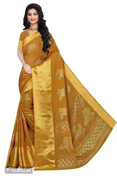 Stylish Golden Chiffon Foil Print Saree With Blouse Piece For Women