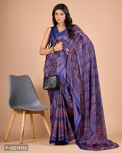 Elegant Blue Crepe Saree with Blouse piece For Women-thumb0