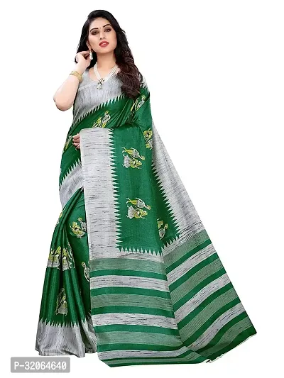 Beautiful Green Khadi Silk Printed Saree with Blouse Piece For Women-thumb0