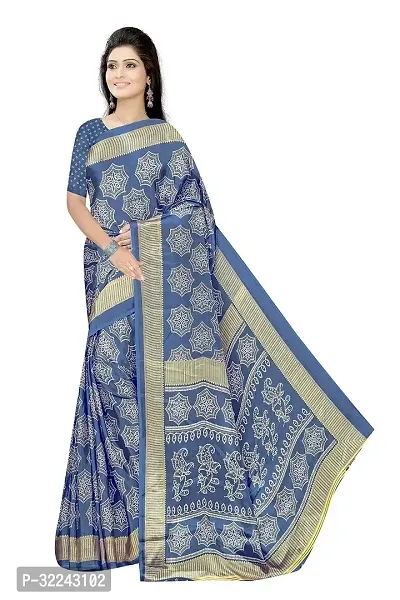 Stylish Blue Crepe Printed Saree With Blouse Piece For Women