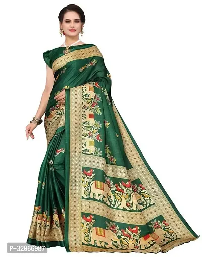 Beautiful Green Khadi Silk Printed Saree with Blouse Piece For Women-thumb0