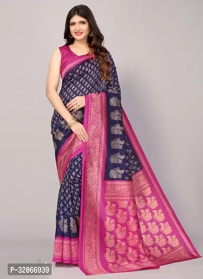 Beautiful Blue Art Silk Printed Saree with Blouse Piece For Women-thumb0