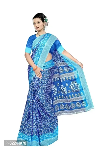 Stylish Blue Crepe Printed Saree with Blouse piece For Women