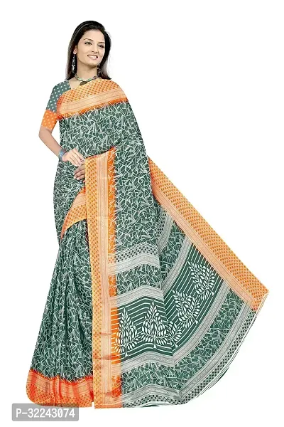 Stylish Green Crepe Printed Saree With Blouse Piece For Women