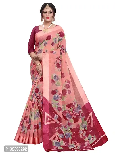 Beautiful Pink Cotton Silk Printed Saree With Blouse Piece For Women