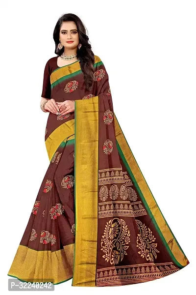 Stylish Brown Chiffon Printed Saree with Blouse piece For Women-thumb0