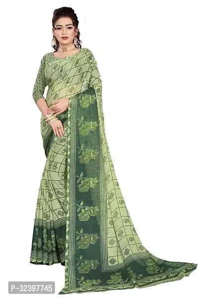 Stylish Green Georgette Self Pattern Saree with Blouse piece For Women-thumb0