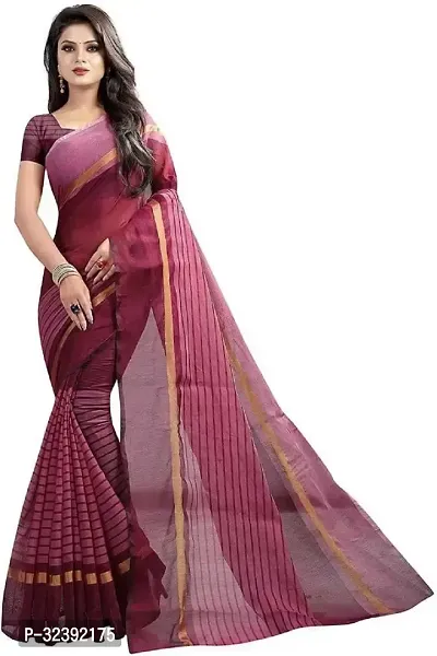 Beautiful Maroon Cotton Blend Striped Saree With Blouse Piece For Women