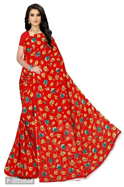 Stylish Red Georgette Printed Saree with Blouse piece For Women