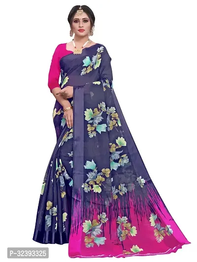 Beautiful Blue Cotton Blend Printed Saree With Blouse Piece For Women-thumb0