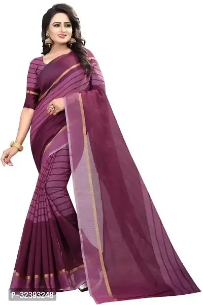 Beautiful Magenta Cotton Blend Self Pattern Saree With Blouse Piece For Women-thumb0