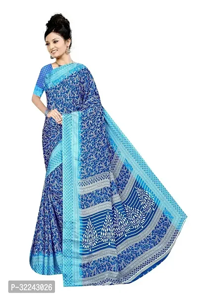 Stylish Blue Crepe Printed Saree With Blouse Piece For Women-thumb0