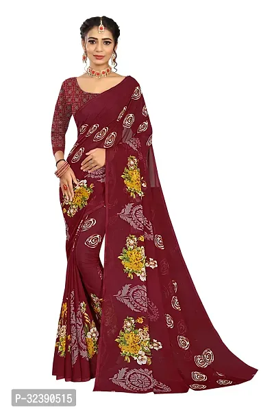 Beautiful Brown Georgette Printed Saree With Blouse Piece For Women-thumb0