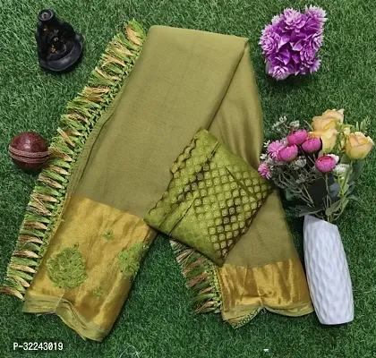 Stylish Green Chiffon Embroidered Saree With Blouse Piece For Women-thumb0